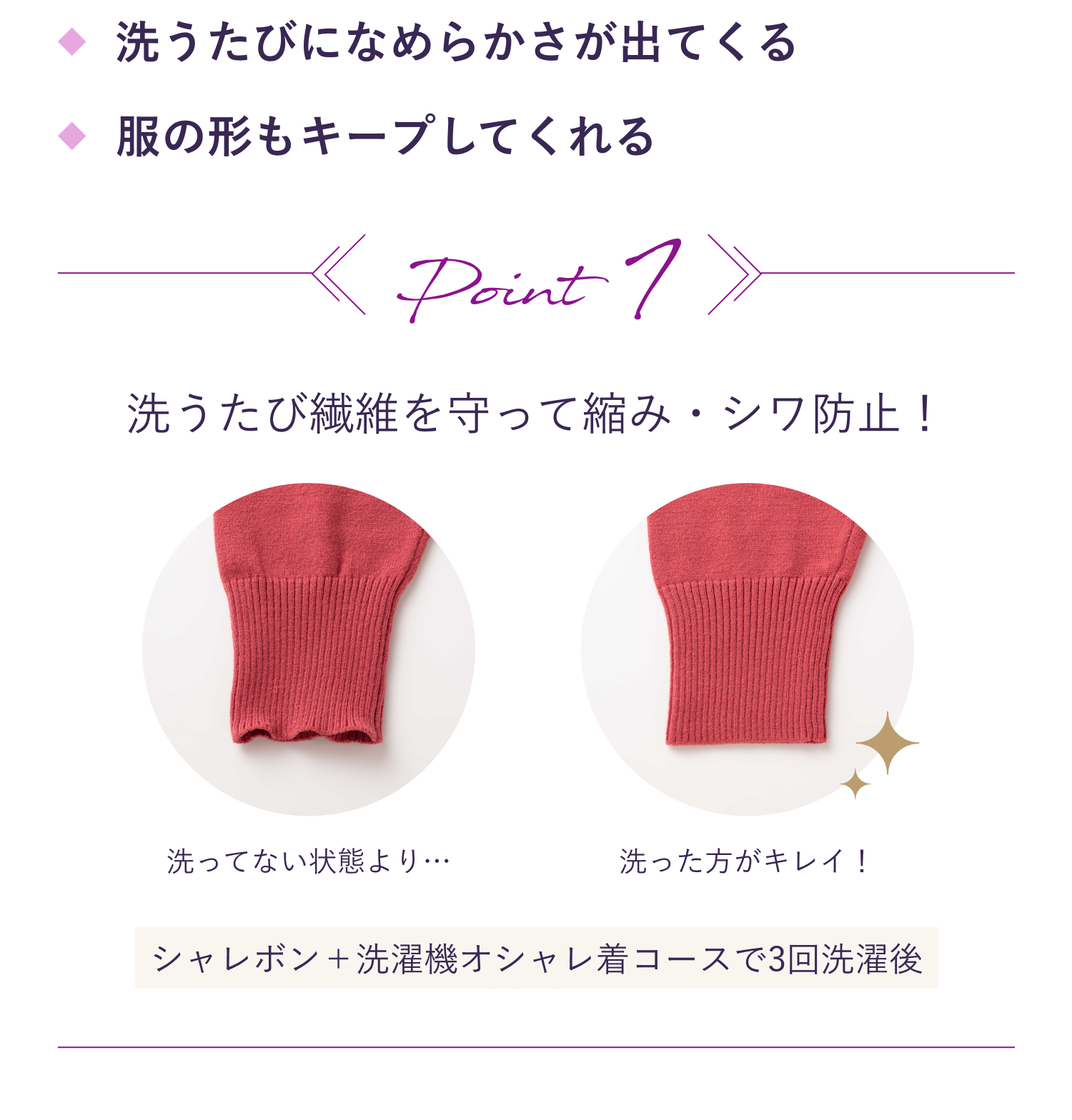 洗うたび繊維を守って縮み・シワ防止！
